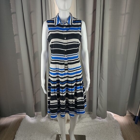 Calvin Klein Center Front Button Striped Shirt Narrow Pleated Skirt Dress Size 6 - Picture 1 of 10